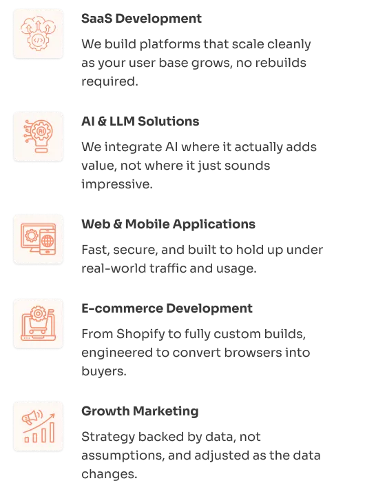 SaaS Development, AI and LLM Solutions, Web and Mobile Applications, E-commerce Development, and Growth Marketing services