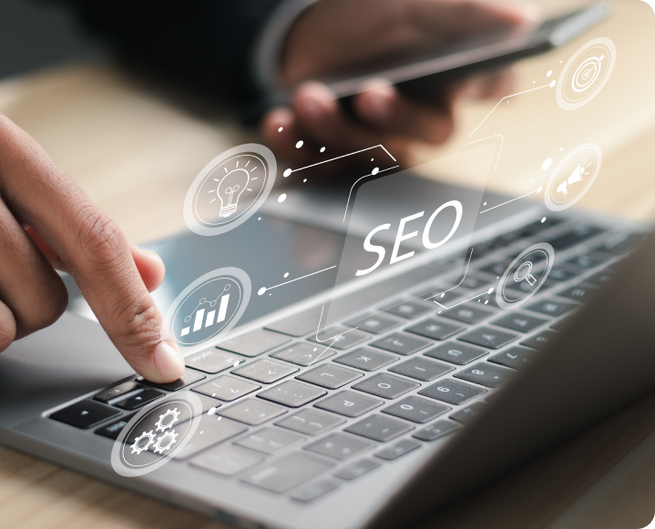 SEO Specialist analyzing search engine optimization metrics on a laptop screen