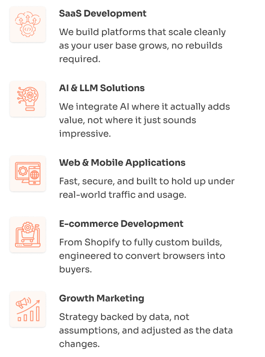 SaaS Development, AI and LLM Solutions, Web and Mobile Applications, E-commerce Development, and Growth Marketing services